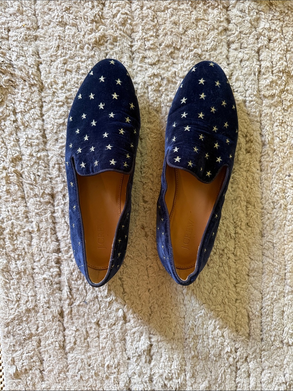 J. Crew Navy Blue Velvet Loafers with Gold Metallic Stars